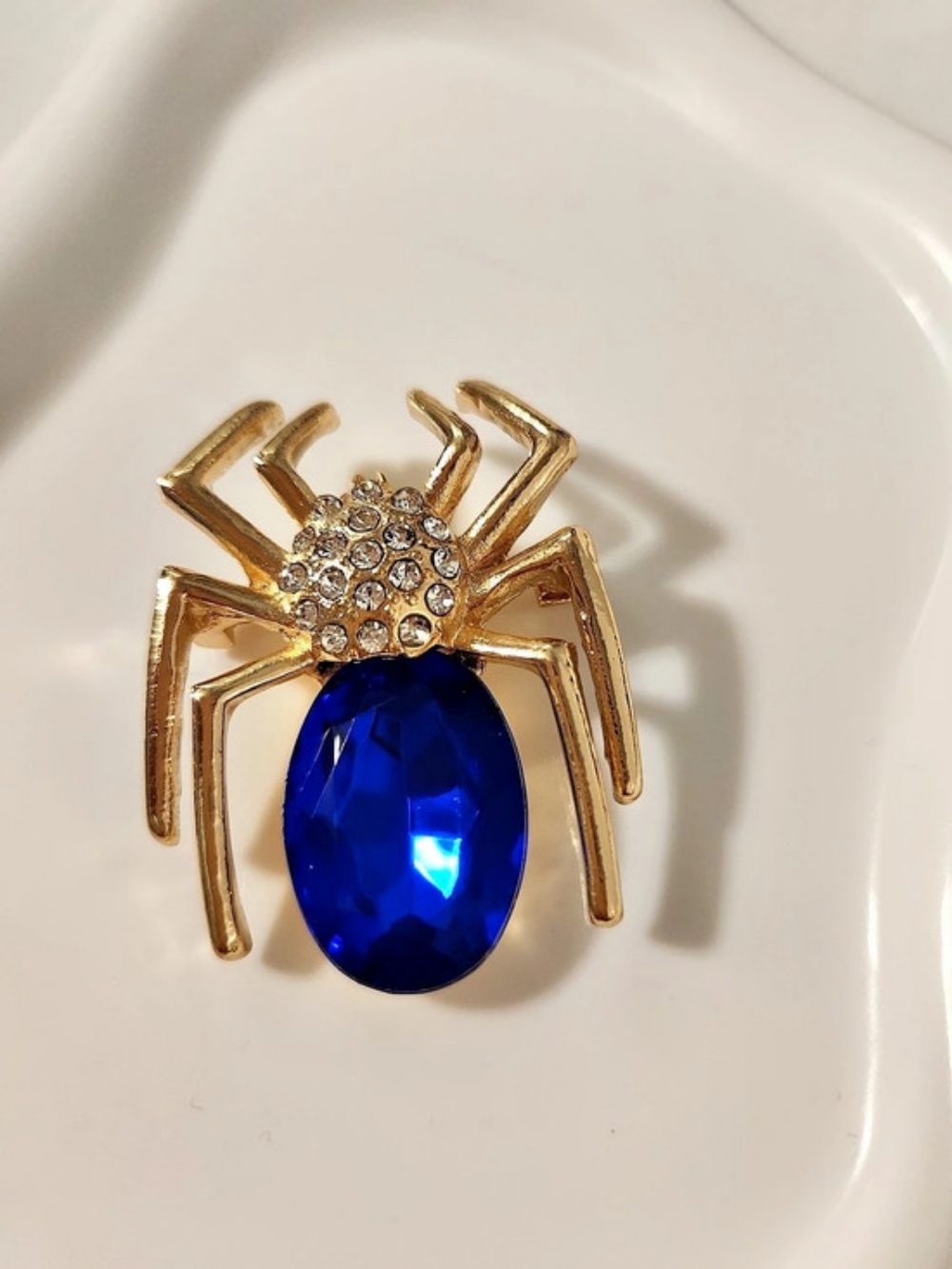 Spider Brooch With Blue And Clear Rhinestones & Gold New Without Tags